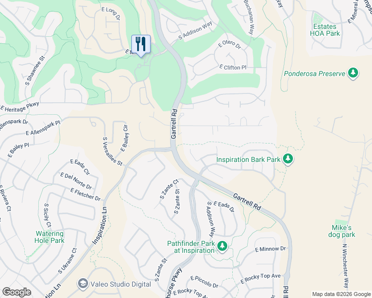 map of restaurants, bars, coffee shops, grocery stores, and more near 23343 East Bailey Place in Aurora