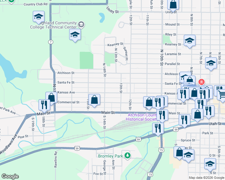 map of restaurants, bars, coffee shops, grocery stores, and more near 1330 Santa Fe Street in Atchison