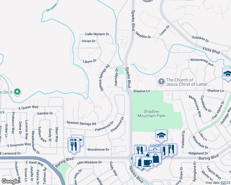 map of restaurants, bars, coffee shops, grocery stores, and more near 3545 Oakridge Drive in Sparks