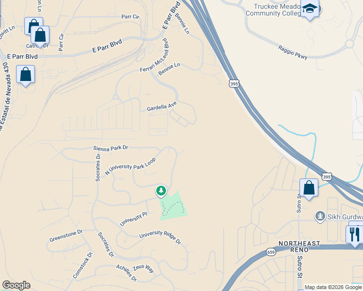 map of restaurants, bars, coffee shops, grocery stores, and more near 1140 South University Park Loop in Reno