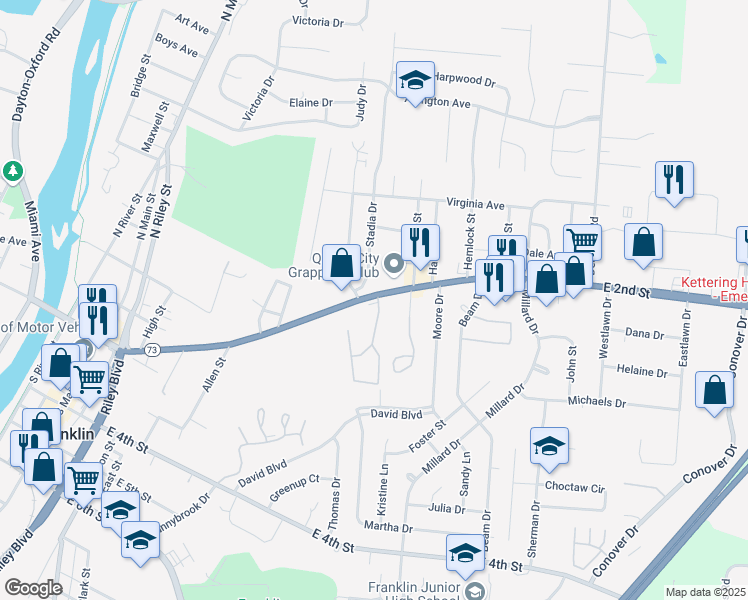 map of restaurants, bars, coffee shops, grocery stores, and more near 12 Stadia Drive in Franklin