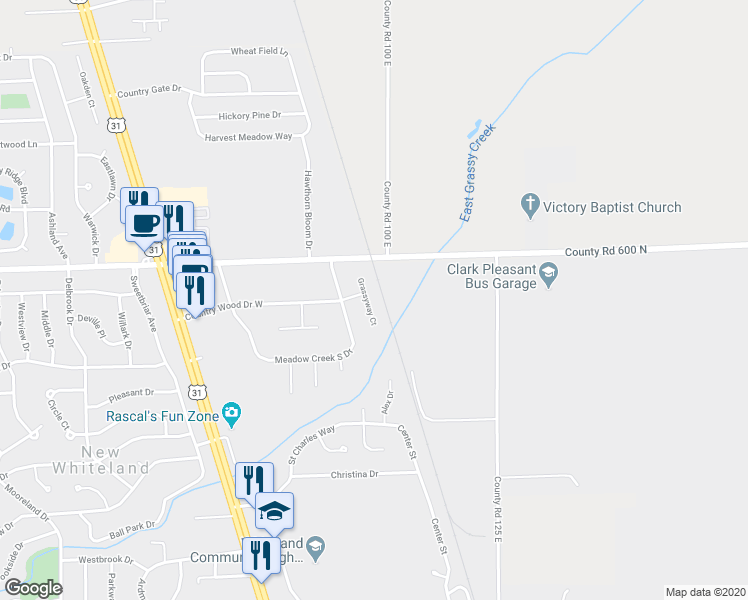 map of restaurants, bars, coffee shops, grocery stores, and more near 23 Grassyway Court in Whiteland