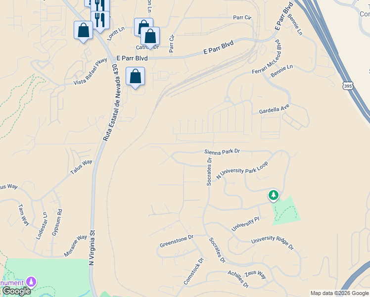 map of restaurants, bars, coffee shops, grocery stores, and more near 725 Sienna Park Drive in Reno