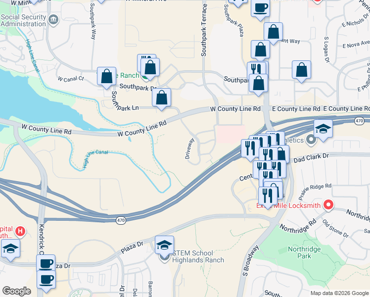map of restaurants, bars, coffee shops, grocery stores, and more near 600 West County Line Road in Highlands Ranch