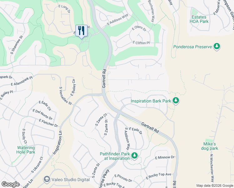 map of restaurants, bars, coffee shops, grocery stores, and more near 23343 East Bailey Place in Aurora