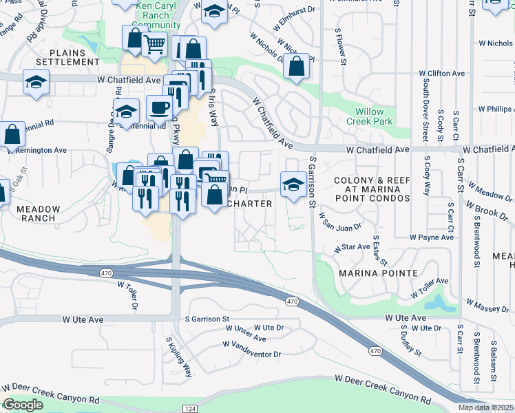 map of restaurants, bars, coffee shops, grocery stores, and more near 8445 South Holland Way in Littleton