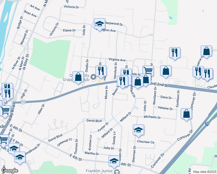 map of restaurants, bars, coffee shops, grocery stores, and more near 28 Moore Drive in Franklin