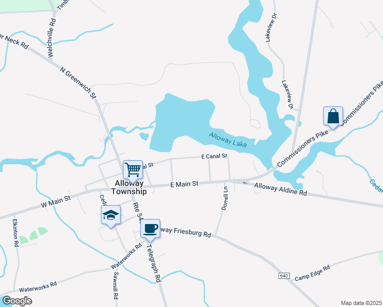 map of restaurants, bars, coffee shops, grocery stores, and more near 66 East Canal Street in Alloway