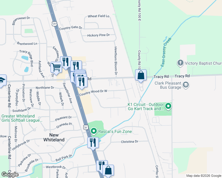 map of restaurants, bars, coffee shops, grocery stores, and more near 735 Tracy Road in Whiteland