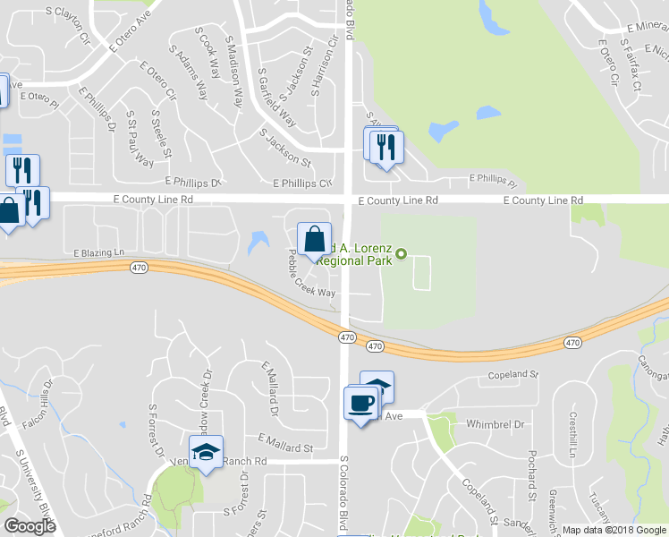 map of restaurants, bars, coffee shops, grocery stores, and more near 8420 South Little Rock Way in Littleton