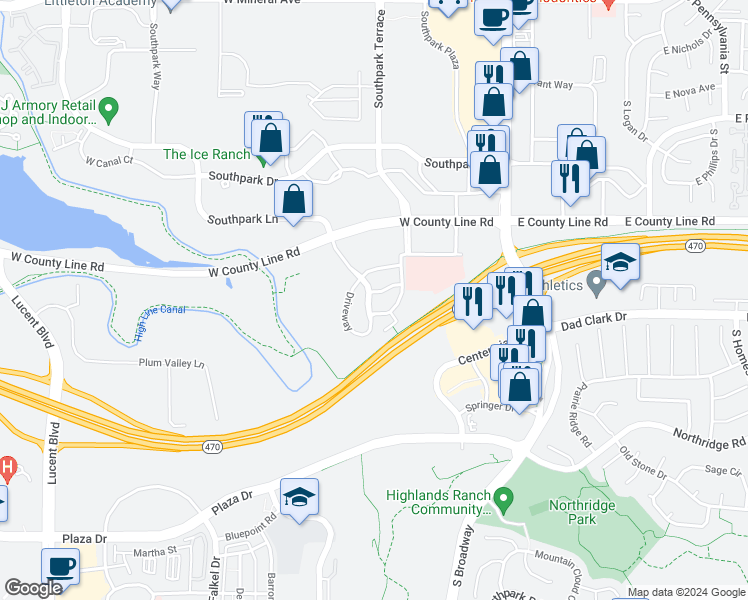 map of restaurants, bars, coffee shops, grocery stores, and more near 1200 Mayberry Drive in Highlands Ranch