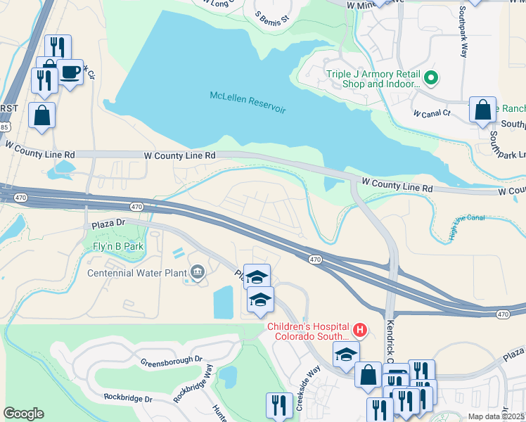 map of restaurants, bars, coffee shops, grocery stores, and more near 2320 Primo Road in Highlands Ranch