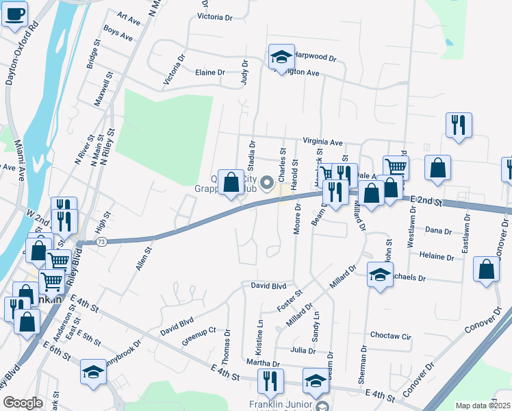 map of restaurants, bars, coffee shops, grocery stores, and more near 12 Stadia Drive in Franklin
