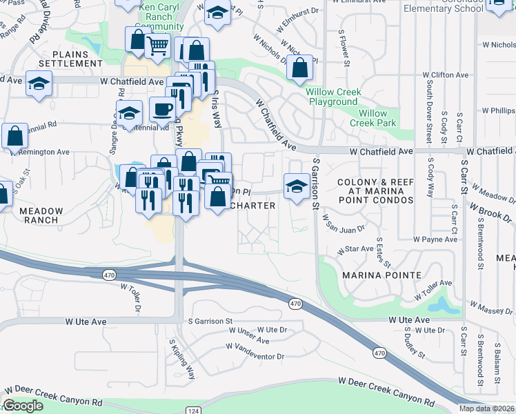 map of restaurants, bars, coffee shops, grocery stores, and more near 8445 South Holland Way in Littleton