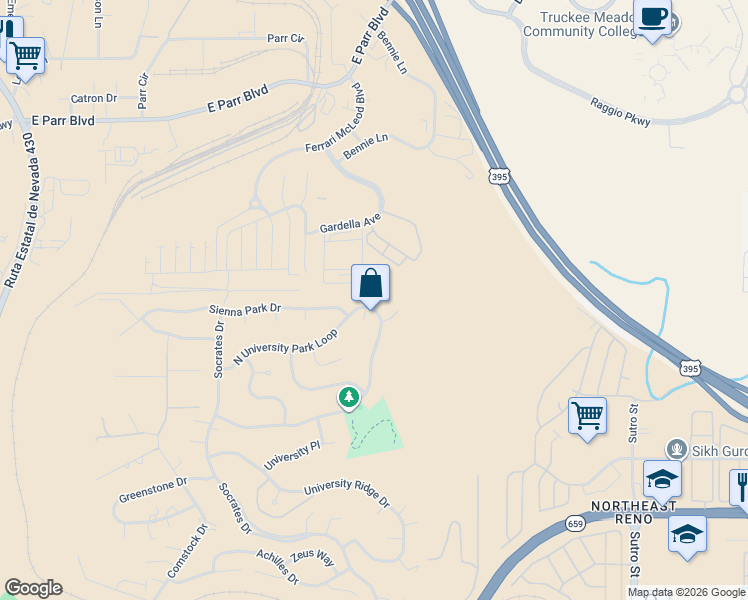map of restaurants, bars, coffee shops, grocery stores, and more near 1140 S University Park Loop in Reno