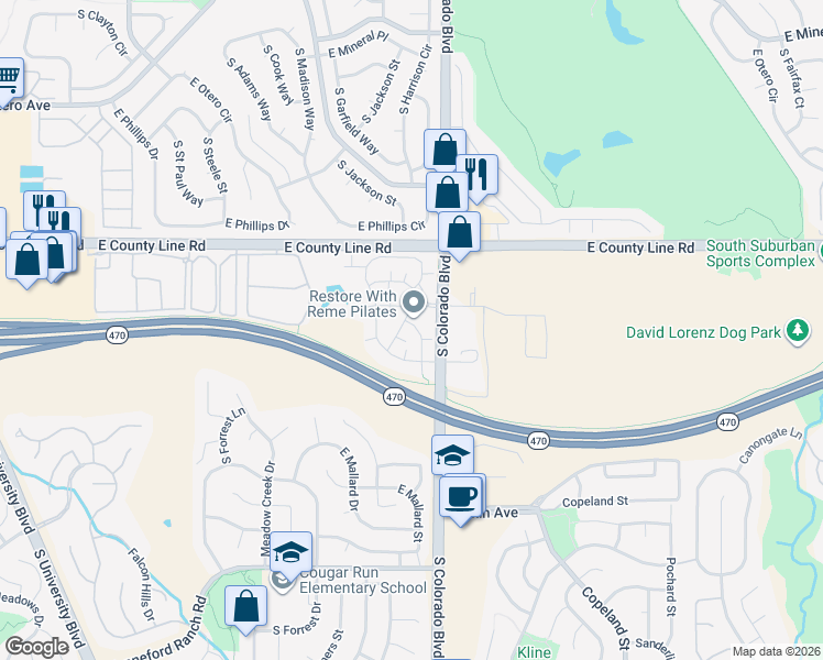map of restaurants, bars, coffee shops, grocery stores, and more near 8420 South Little Rock Way in Littleton