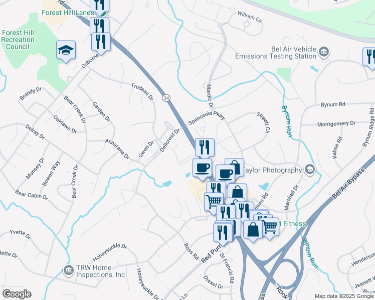 map of restaurants, bars, coffee shops, grocery stores, and more near 1713 Landmark Drive in Forest Hill