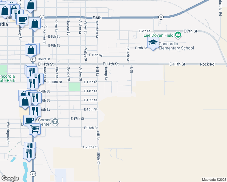 map of restaurants, bars, coffee shops, grocery stores, and more near 13 Terrace Circle in Concordia