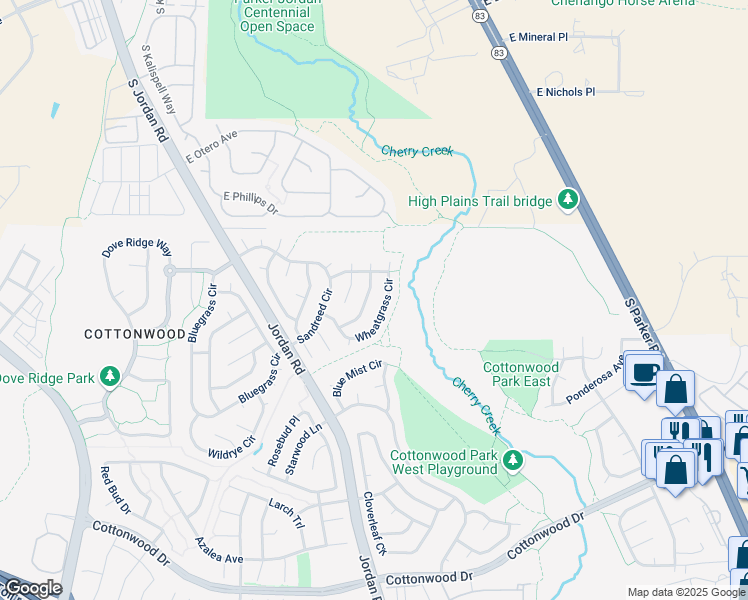 map of restaurants, bars, coffee shops, grocery stores, and more near 8426 Prairie Clover Way in Parker
