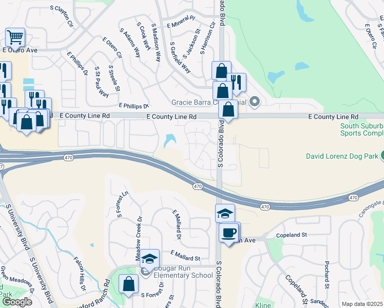 map of restaurants, bars, coffee shops, grocery stores, and more near 8405 Pebble Creek Way in Littleton