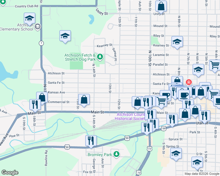 map of restaurants, bars, coffee shops, grocery stores, and more near 258 13th Street in Atchison
