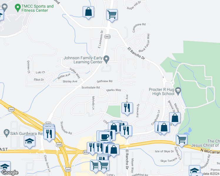 map of restaurants, bars, coffee shops, grocery stores, and more near 2545 Starks Way in Reno