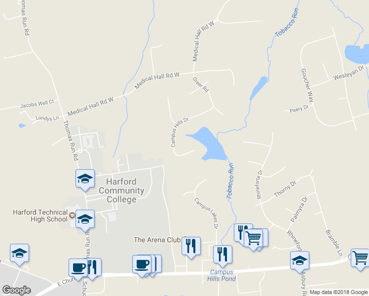 map of restaurants, bars, coffee shops, grocery stores, and more near 403 Campus Hills Drive in Bel Air