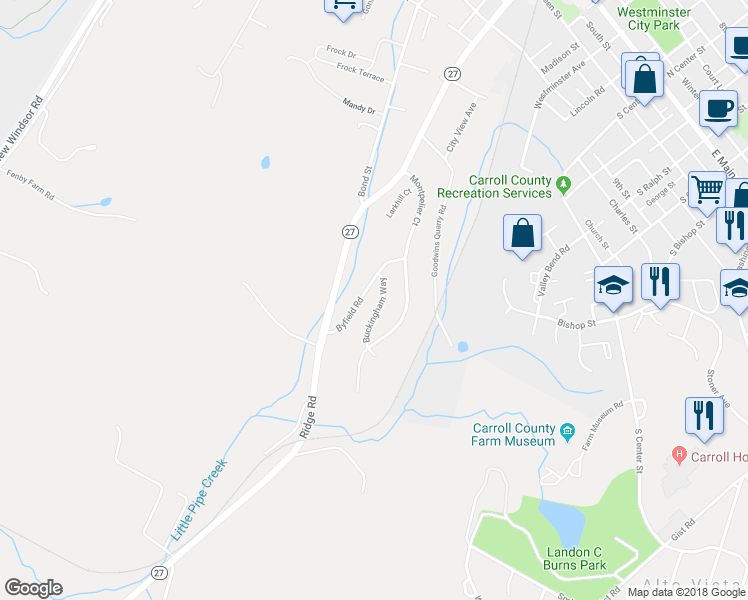 map of restaurants, bars, coffee shops, grocery stores, and more near 366 Buckingham Way in Westminster