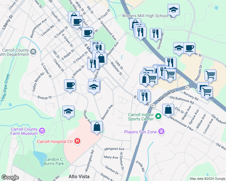 map of restaurants, bars, coffee shops, grocery stores, and more near E Green St & S Colonial Ave in Westminster