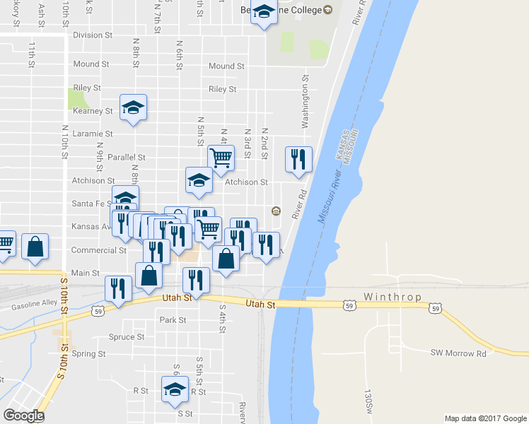 map of restaurants, bars, coffee shops, grocery stores, and more near 224 North 2nd Street in Atchison