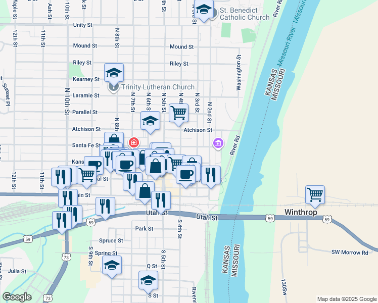 map of restaurants, bars, coffee shops, grocery stores, and more near 314 Santa Fe Street in Atchison