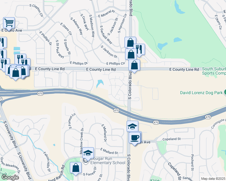 map of restaurants, bars, coffee shops, grocery stores, and more near 8416 Pebble Creek Way in Highlands Ranch