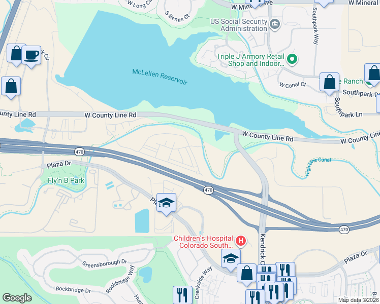 map of restaurants, bars, coffee shops, grocery stores, and more near 2099 Primo Road in Highlands Ranch