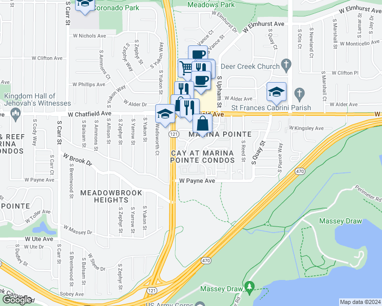 map of restaurants, bars, coffee shops, grocery stores, and more near 8400 South Upham Way in Littleton