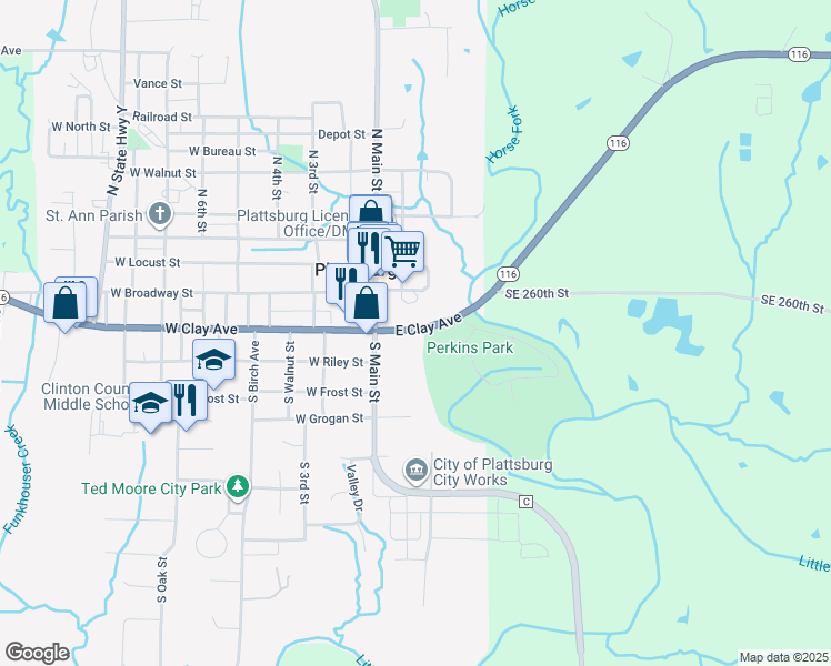 map of restaurants, bars, coffee shops, grocery stores, and more near 1028 East Clay Avenue in Plattsburg