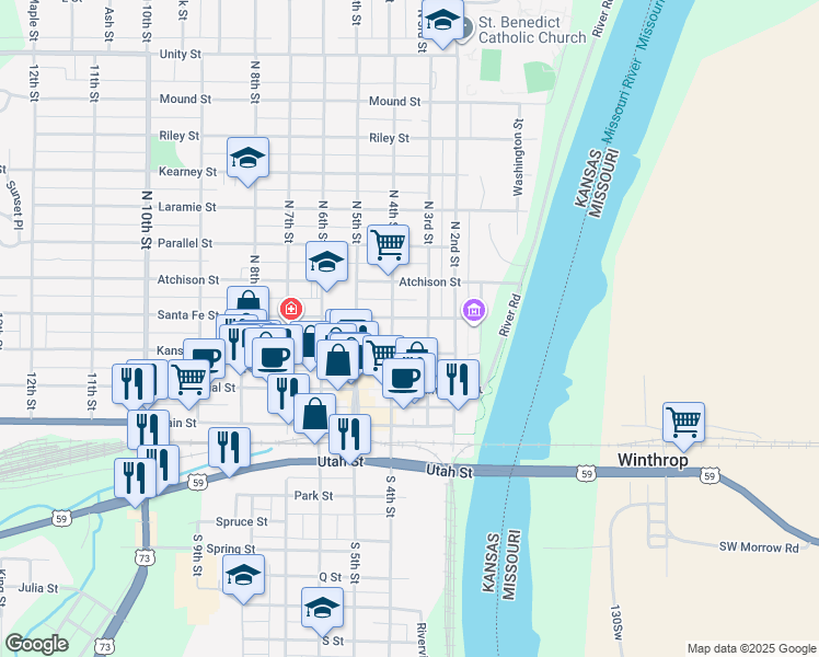 map of restaurants, bars, coffee shops, grocery stores, and more near 314 Santa Fe Street in Atchison