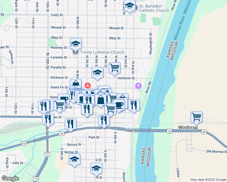 map of restaurants, bars, coffee shops, grocery stores, and more near 421 Santa Fe Street in Atchison