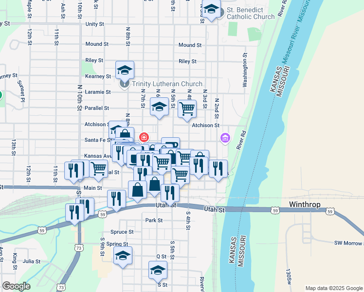 map of restaurants, bars, coffee shops, grocery stores, and more near 421 Santa Fe Street in Atchison