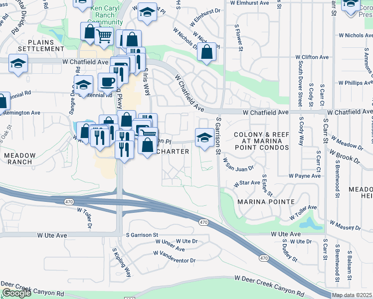 map of restaurants, bars, coffee shops, grocery stores, and more near 8412 South Holland Court in Littleton