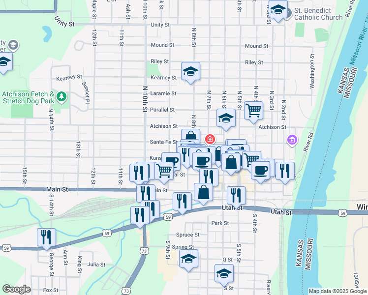 map of restaurants, bars, coffee shops, grocery stores, and more near 215 North 8th Street in Atchison