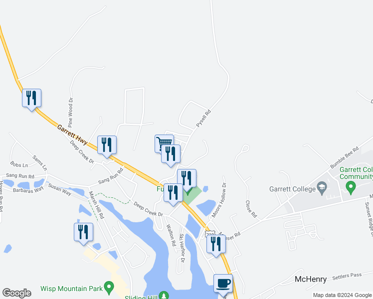 map of restaurants, bars, coffee shops, grocery stores, and more near 228 Pysell Road in McHenry