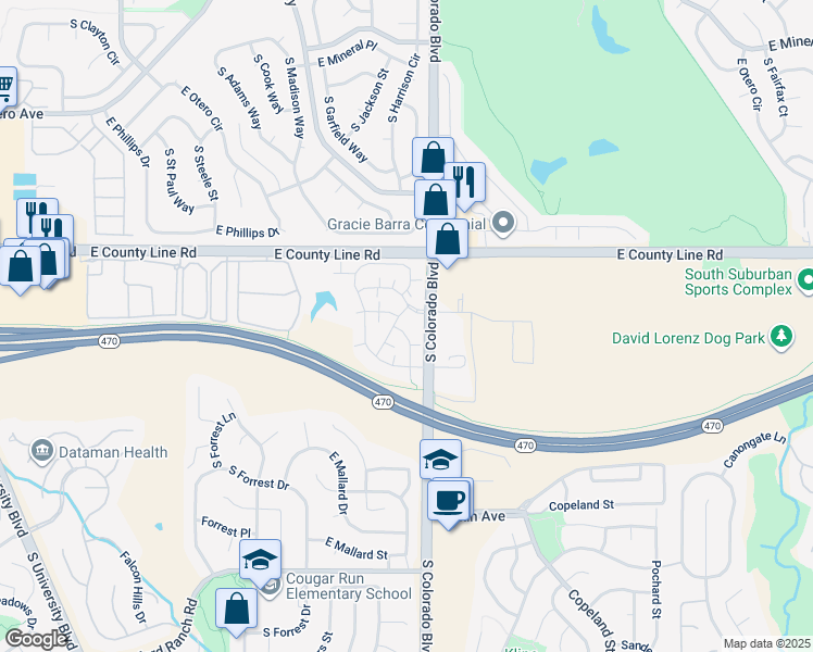 map of restaurants, bars, coffee shops, grocery stores, and more near 8420 South Little Rock Way in Littleton