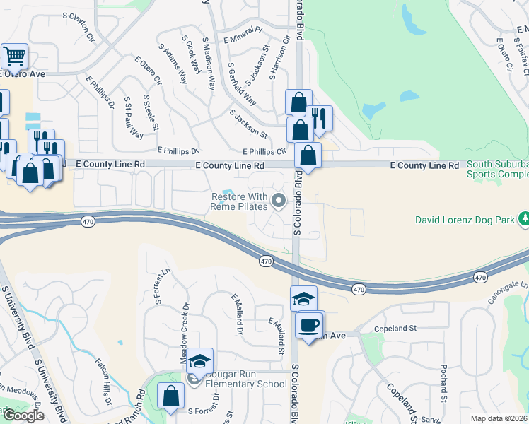 map of restaurants, bars, coffee shops, grocery stores, and more near 8405 Pebble Creek Way in Littleton