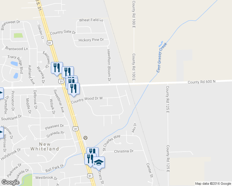map of restaurants, bars, coffee shops, grocery stores, and more near 38 Meadow Creek E Dr in Whiteland