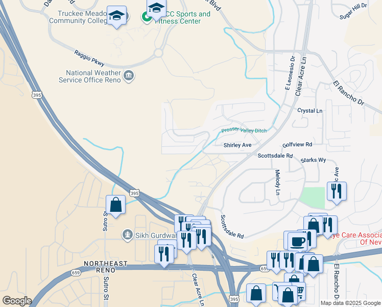 map of restaurants, bars, coffee shops, grocery stores, and more near 3273 Reno Vista Drive in Reno