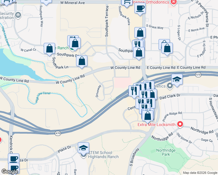 map of restaurants, bars, coffee shops, grocery stores, and more near 600 West County Line Road in Littleton