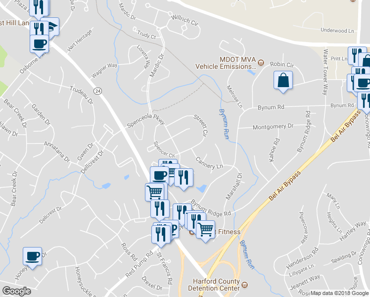 map of restaurants, bars, coffee shops, grocery stores, and more near 302 Streett Circle in Forest Hill