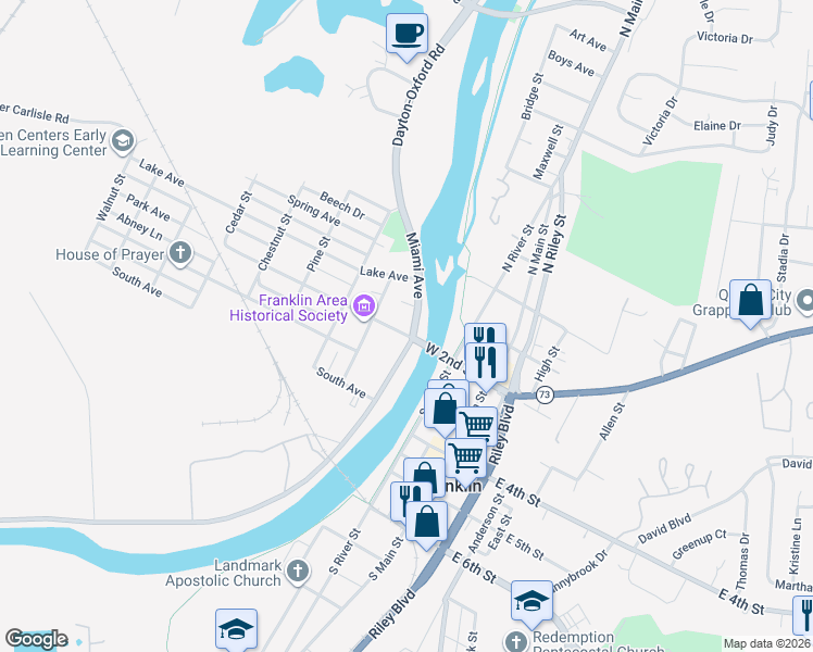 map of restaurants, bars, coffee shops, grocery stores, and more near 215 Park Avenue in Franklin