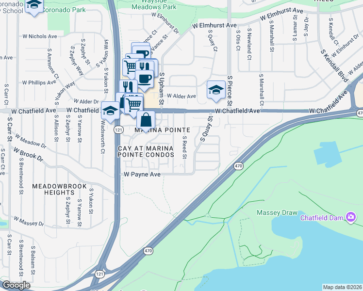 map of restaurants, bars, coffee shops, grocery stores, and more near 8426 South Reed Street in Littleton