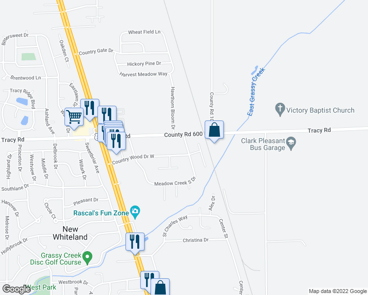 map of restaurants, bars, coffee shops, grocery stores, and more near 38 Meadow Creek E Dr in Whiteland